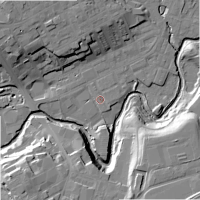 Shaded relief map of the ground around OL162NF, computed from Environment Agency LiDAR. The ground here sits at about 124 m above sea level and falls 27 m across the surrounding 800 m. Surface water reaching this point runs off ground lying to the north-west, 19.4 m higher.