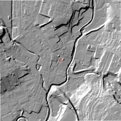 Shaded relief map of the ground around OL162NR, computed from Environment Agency LiDAR. The ground here sits at about 124 m above sea level and falls 27 m across the surrounding 800 m. Surface water reaching this point runs off ground lying to the north, 12.1 m higher.