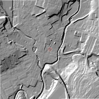 Shaded relief map of the ground around OL162NS, computed from Environment Agency LiDAR. The ground here sits at about 124 m above sea level and falls 27 m across the surrounding 800 m. Surface water reaching this point runs off ground lying to the north-north-west, 2.8 m higher.