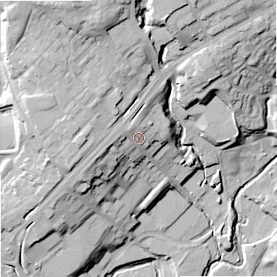 Shaded relief map of the ground around OL162PF, computed from Environment Agency LiDAR. The ground here sits at about 148 m above sea level and falls 41 m across the surrounding 800 m. Surface water reaching this point runs off ground lying to the west-south-west, 7.5 m higher.
