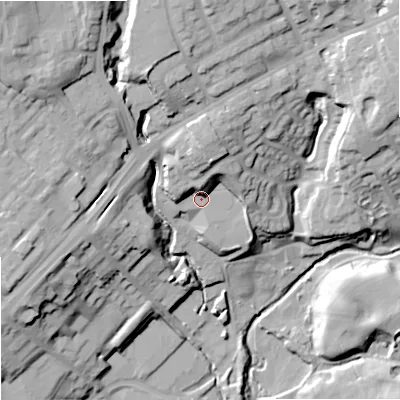 Shaded relief map of the ground around OL162QN, computed from Environment Agency LiDAR. The ground here sits at about 140 m above sea level and falls 42 m across the surrounding 800 m. Surface water reaching this point runs off ground lying to the north-north-east, 9.6 m higher.