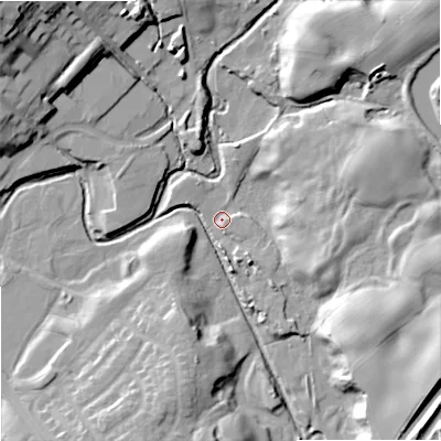 Shaded relief map of the ground around OL162QR, computed from Environment Agency LiDAR. The ground here sits at about 127 m above sea level and falls 29 m across the surrounding 800 m. Surface water reaching this point runs off ground lying to the east-north-east, 14.2 m higher.