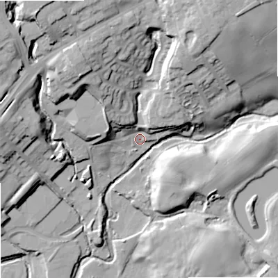Shaded relief map of the ground around OL162QS, computed from Environment Agency LiDAR. The ground here sits at about 130 m above sea level and falls 36 m across the surrounding 800 m. Surface water reaching this point runs off ground lying to the north-north-east, 26.9 m higher.