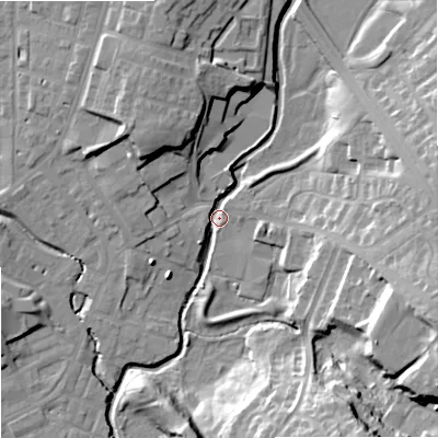 Shaded relief map of the ground around OL162UP, computed from Environment Agency LiDAR. The ground here sits at about 123 m above sea level and falls 25 m across the surrounding 800 m. Surface water reaching this point runs off ground lying to the east, 18.7 m higher.