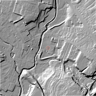 Shaded relief map of the ground around OL162UX, computed from Environment Agency LiDAR. The ground here sits at about 123 m above sea level and falls 27 m across the surrounding 800 m. Surface water reaching this point runs off ground lying to the east-north-east, 8.8 m higher.