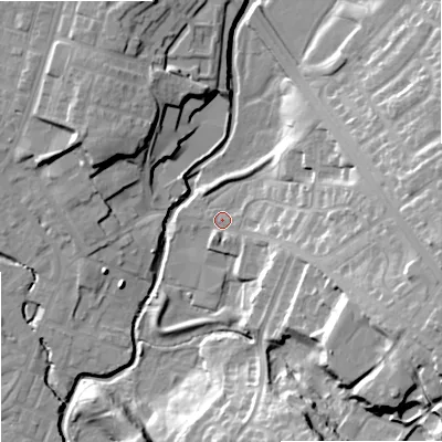 Shaded relief map of the ground around OL162UY, computed from Environment Agency LiDAR. The ground here sits at about 124 m above sea level and falls 25 m across the surrounding 800 m. Surface water reaching this point runs off ground lying to the east-south-east, 21.3 m higher.