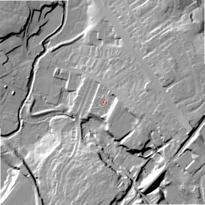Shaded relief map of the ground around OL162XB, computed from Environment Agency LiDAR. The ground here sits at about 133 m above sea level and falls 30 m across the surrounding 800 m. Surface water reaching this point runs off ground lying to the east-south-east, 10.2 m higher.