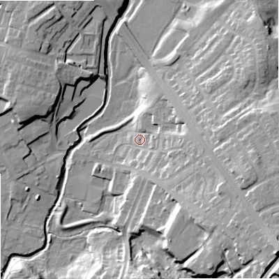 Shaded relief map of the ground around OL162XE, computed from Environment Agency LiDAR. The ground here sits at about 127 m above sea level and falls 30 m across the surrounding 800 m. Surface water reaching this point runs off ground lying to the east, 12.9 m higher.