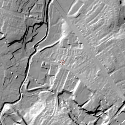 Shaded relief map of the ground around OL162XQ, computed from Environment Agency LiDAR. The ground here sits at about 129 m above sea level and falls 30 m across the surrounding 800 m. Surface water reaching this point runs off ground lying to the east-south-east, 22.0 m higher.