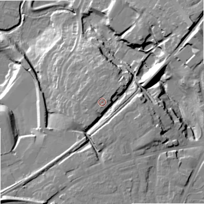 Shaded relief map of the ground around OL162YA, computed from Environment Agency LiDAR. The ground here sits at about 146 m above sea level and falls 31 m across the surrounding 800 m. Surface water reaching this point runs off ground lying to the east-north-east, 1.4 m higher.