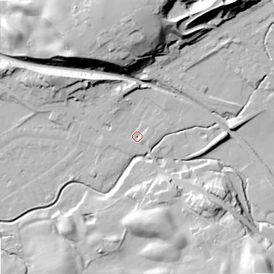 Shaded relief map of the ground around OL163FP, computed from Environment Agency LiDAR. The ground here sits at about 160 m above sea level and falls 40 m across the surrounding 800 m. Surface water reaching this point runs off ground lying to the north, 6.2 m higher.