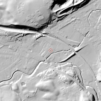 Shaded relief map of the ground around OL163FQ, computed from Environment Agency LiDAR. The ground here sits at about 162 m above sea level and falls 56 m across the surrounding 800 m. Surface water reaching this point runs off ground lying to the south-east, 2.4 m higher.