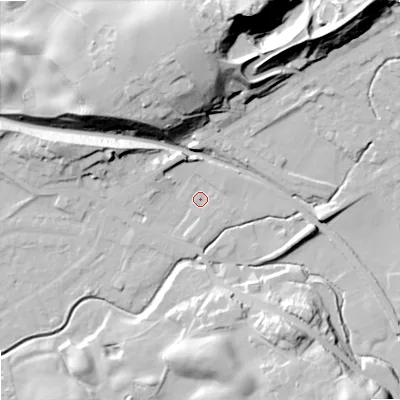 Shaded relief map of the ground around OL163FR, computed from Environment Agency LiDAR. The ground here sits at about 161 m above sea level and falls 66 m across the surrounding 800 m. Surface water reaching this point runs off ground lying to the east, 2.6 m higher.