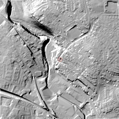 Shaded relief map of the ground around OL163JF, computed from Environment Agency LiDAR. The ground here sits at about 151 m above sea level and falls 50 m across the surrounding 800 m. Surface water reaching this point runs off ground lying to the north-east, 38.8 m higher.