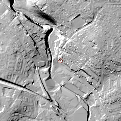 Shaded relief map of the ground around OL163LH, computed from Environment Agency LiDAR. The ground here sits at about 143 m above sea level and falls 47 m across the surrounding 800 m. Surface water reaching this point runs off ground lying to the east-north-east, 31.6 m higher.