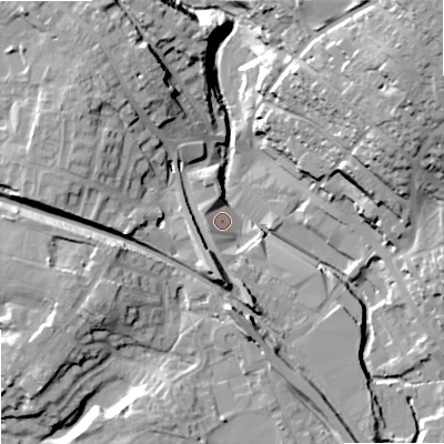 Shaded relief map of the ground around OL163LQ, computed from Environment Agency LiDAR. The ground here sits at about 147 m above sea level and falls 39 m across the surrounding 800 m. Surface water reaching this point runs off ground lying to the west, 4.2 m higher.