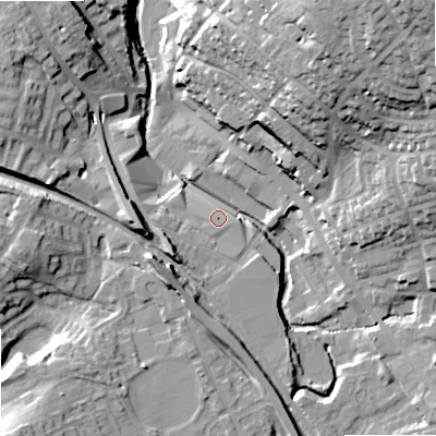 Shaded relief map of the ground around OL163LS, computed from Environment Agency LiDAR. The ground here sits at about 148 m above sea level and falls 38 m across the surrounding 800 m. Surface water reaching this point runs off ground lying to the north-east, 35.1 m higher.
