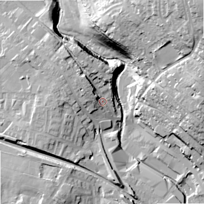 Shaded relief map of the ground around OL163LZ, computed from Environment Agency LiDAR. The ground here sits at about 149 m above sea level and falls 48 m across the surrounding 800 m. Surface water reaching this point runs off ground lying to the north-north-west, 10.7 m higher.