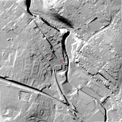 Shaded relief map of the ground around OL163ND, computed from Environment Agency LiDAR. The ground here sits at about 147 m above sea level and falls 46 m across the surrounding 800 m. Surface water reaching this point runs off ground lying to the north-west, 11.9 m higher.