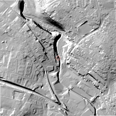 Shaded relief map of the ground around OL163NE, computed from Environment Agency LiDAR. The ground here sits at about 143 m above sea level and falls 49 m across the surrounding 800 m. Surface water reaching this point runs off ground lying to the east-north-east, 36.9 m higher.