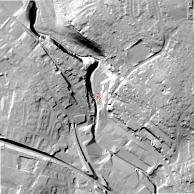 Shaded relief map of the ground around OL163NF, computed from Environment Agency LiDAR. The ground here sits at about 141 m above sea level and falls 49 m across the surrounding 800 m. Surface water reaching this point runs off ground lying to the east-north-east, 36.9 m higher.