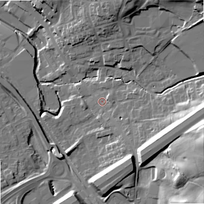 Shaded relief map of the ground around OL163NP, computed from Environment Agency LiDAR. The ground here sits at about 151 m above sea level and falls 39 m across the surrounding 800 m. Surface water reaching this point runs off ground lying to the east, 20.2 m higher.