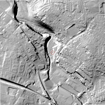 Shaded relief map of the ground around OL163NQ, computed from Environment Agency LiDAR. The ground here sits at about 142 m above sea level and falls 50 m across the surrounding 800 m. Surface water reaching this point runs off ground lying to the north-east, 43.1 m higher.