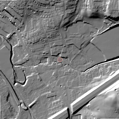 Shaded relief map of the ground around OL163PA, computed from Environment Agency LiDAR. The ground here sits at about 152 m above sea level and falls 48 m across the surrounding 800 m. Surface water reaching this point runs off ground lying to the north-east, 34.1 m higher.