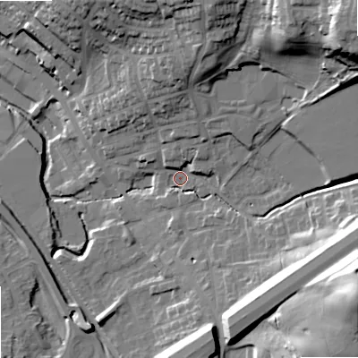 Shaded relief map of the ground around OL163PD, computed from Environment Agency LiDAR. The ground here sits at about 151 m above sea level and falls 47 m across the surrounding 800 m. Surface water reaching this point runs off ground lying to the north-east, 33.6 m higher.