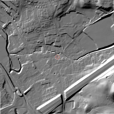 Shaded relief map of the ground around OL163PE, computed from Environment Agency LiDAR. The ground here sits at about 152 m above sea level and falls 57 m across the surrounding 800 m. Surface water reaching this point runs off ground lying to the north-east, 33.3 m higher.