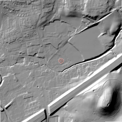 Shaded relief map of the ground around OL163PJ, computed from Environment Agency LiDAR. The ground here sits at about 155 m above sea level and falls 60 m across the surrounding 800 m. Surface water reaching this point runs off ground lying to the north-east, 30.6 m higher.