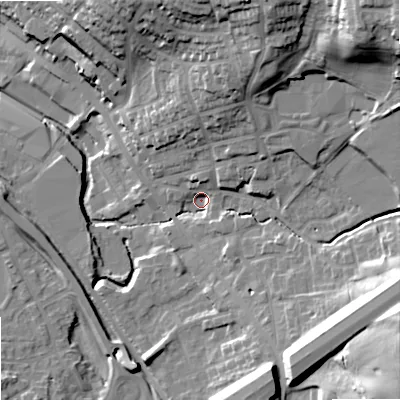 Shaded relief map of the ground around OL163PT, computed from Environment Agency LiDAR. The ground here sits at about 149 m above sea level and falls 36 m across the surrounding 800 m. Surface water reaching this point runs off ground lying to the north-east, 30.9 m higher.