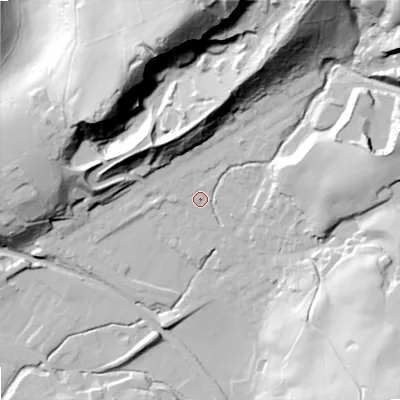 Shaded relief map of the ground around OL163RA, computed from Environment Agency LiDAR. The ground here sits at about 168 m above sea level and falls 82 m across the surrounding 800 m. Surface water reaching this point runs off ground lying to the north-north-east, 51.1 m higher.