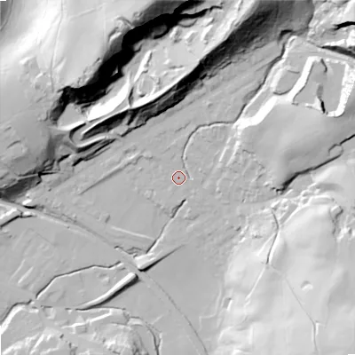 Shaded relief map of the ground around OL163RB, computed from Environment Agency LiDAR. The ground here sits at about 167 m above sea level and falls 82 m across the surrounding 800 m. Surface water reaching this point runs off ground lying to the north-north-east, 46.8 m higher.