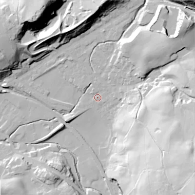 Shaded relief map of the ground around OL163RP, computed from Environment Agency LiDAR. The ground here sits at about 166 m above sea level and falls 67 m across the surrounding 800 m. Surface water reaching this point runs off ground lying to the south-east, 54.8 m higher.