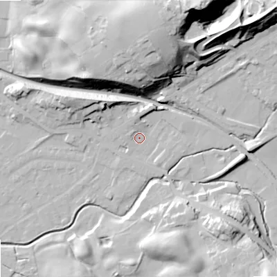 Shaded relief map of the ground around OL163SL, computed from Environment Agency LiDAR. The ground here sits at about 160 m above sea level and falls 65 m across the surrounding 800 m. Surface water reaching this point runs off ground lying to the north-north-east, 5.8 m higher.