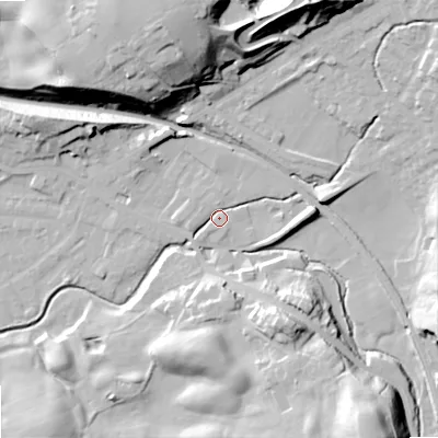Shaded relief map of the ground around OL163SR, computed from Environment Agency LiDAR. The ground here sits at about 161 m above sea level and falls 38 m across the surrounding 800 m. Surface water reaching this point runs off ground lying to the south-east, 30.6 m higher.