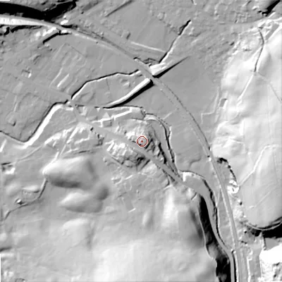 Shaded relief map of the ground around OL163SS, computed from Environment Agency LiDAR. The ground here sits at about 173 m above sea level and falls 49 m across the surrounding 800 m. Surface water reaching this point runs off ground lying to the south-south-east, 3.8 m higher.