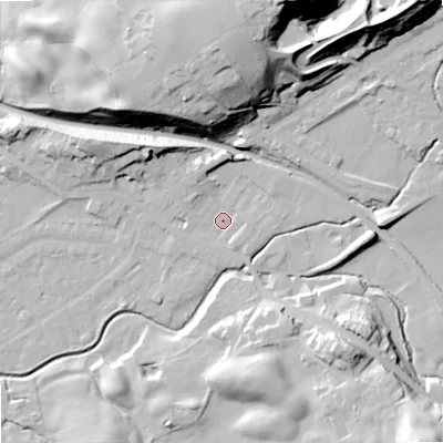 Shaded relief map of the ground around OL163SW, computed from Environment Agency LiDAR. The ground here sits at about 160 m above sea level and falls 60 m across the surrounding 800 m. Surface water reaching this point runs off ground lying to the north, 6.2 m higher.