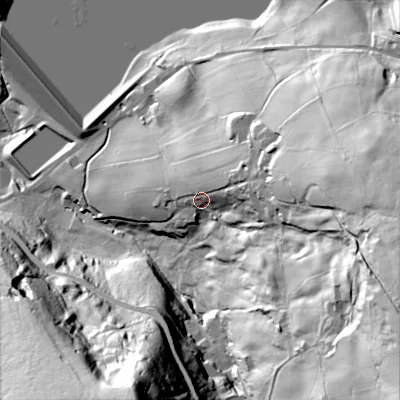 Shaded relief map of the ground around OL163TD, computed from Environment Agency LiDAR. The ground here sits at about 235 m above sea level and falls 117 m across the surrounding 800 m. Surface water reaching this point runs off ground lying to the east, 48.2 m higher.