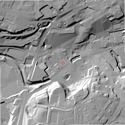 Shaded relief map of the ground around OL163TH, computed from Environment Agency LiDAR. The ground here sits at about 120 m above sea level and falls 31 m across the surrounding 800 m. Surface water reaching this point runs off ground lying to the south-south-east, 28.5 m higher.