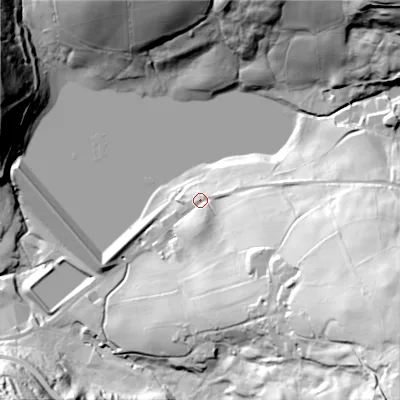 Shaded relief map of the ground around OL163TQ, computed from Environment Agency LiDAR. The ground here sits at about 219 m above sea level and falls 104 m across the surrounding 800 m. Surface water reaching this point runs off ground lying to the south-east, 59.2 m higher.