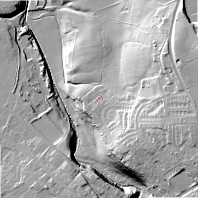 Shaded relief map of the ground around OL163XD, computed from Environment Agency LiDAR. The ground here sits at about 153 m above sea level and falls 51 m across the surrounding 800 m. Surface water reaching this point runs off ground lying to the east-south-east, 4.4 m higher.