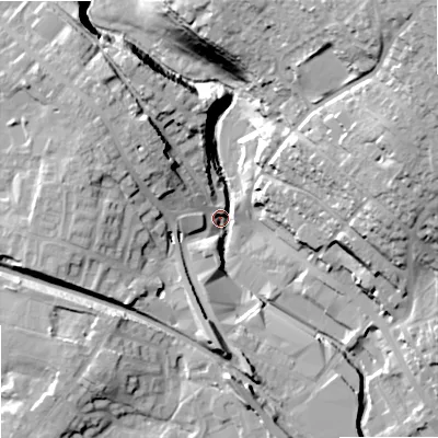 Shaded relief map of the ground around OL164DY, computed from Environment Agency LiDAR. The ground here sits at about 143 m above sea level and falls 44 m across the surrounding 800 m. Surface water reaching this point runs off ground lying to the east-north-east, 36.0 m higher.