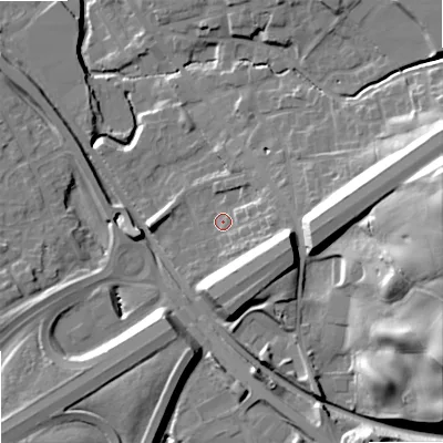 Shaded relief map of the ground around OL164EB, computed from Environment Agency LiDAR. The ground here sits at about 151 m above sea level and falls 36 m across the surrounding 800 m. Surface water reaching this point runs off ground lying to the east-south-east, 12.4 m higher.