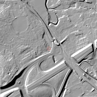 Shaded relief map of the ground around OL164EH, computed from Environment Agency LiDAR. The ground here sits at about 149 m above sea level and falls 25 m across the surrounding 800 m. Surface water reaching this point runs off ground lying to the south-west, 19.9 m higher.
