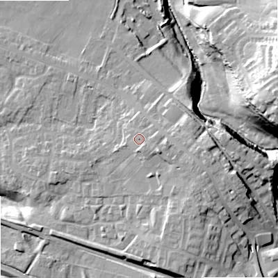 Shaded relief map of the ground around OL164EJ, computed from Environment Agency LiDAR. The ground here sits at about 154 m above sea level and falls 32 m across the surrounding 800 m. Surface water reaching this point runs off ground lying to the east, 2.3 m higher.