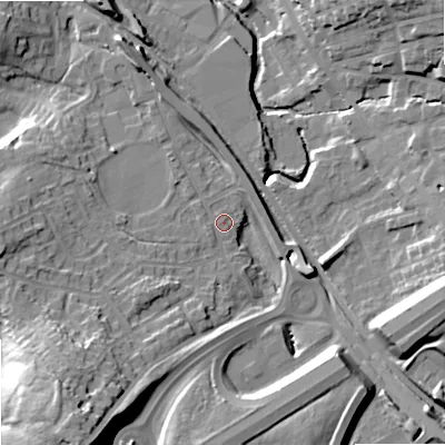 Shaded relief map of the ground around OL164EL, computed from Environment Agency LiDAR. The ground here sits at about 152 m above sea level and falls 26 m across the surrounding 800 m. Surface water reaching this point runs off ground lying to the south-west, 20.0 m higher.