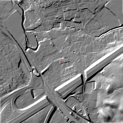 Shaded relief map of the ground around OL164EQ, computed from Environment Agency LiDAR. The ground here sits at about 152 m above sea level and falls 36 m across the surrounding 800 m. Surface water reaching this point runs off ground lying to the east, 28.8 m higher.