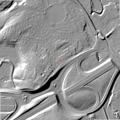 Shaded relief map of the ground around OL164EW, computed from Environment Agency LiDAR. The ground here sits at about 157 m above sea level and falls 26 m across the surrounding 800 m. Surface water reaching this point runs off ground lying to the south-west, 12.8 m higher.